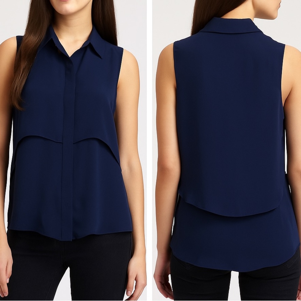 THEORY Rosae Navy Blue Silk Sleeveless Blouse